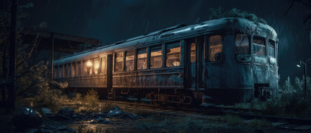 Old rusty train at night in the forest. 3d rendering. Realistic Post Apocalypse Landscape illustrationの素材