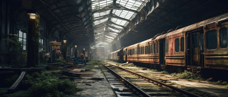 Old train in the old train station. 3d render illustration. Realistic Post Apocalypse Landscape illustrationの素材
