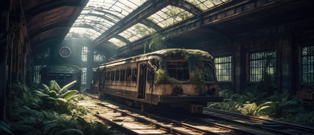 Abandoned train station in the rainforest. 3d rendering, Realistic Post Apocalypse Landscape illustrationの素材