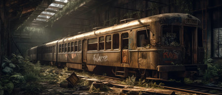 Old rusty train in an old abandoned station. 3d rendering. Realistic Post Apocalypse Landscape illustrationの素材