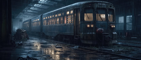3d rendering of a rusty old train in a dark abandoned factory, Realistic Post Apocalypse Landscape illustrationの素材