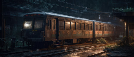 train at night. Railway station in the mist. railway transportation. Realistic Post Apocalypse Landscape illustrationの素材