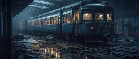3d rendering of a train in a foggy station at night, Realistic Post Apocalypse Landscape illustrationの素材