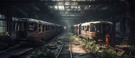 3d rendering of an old train in an abandoned factory building. Realistic Post Apocalypse Landscape illustrationの素材