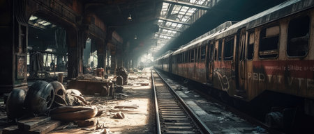 Abandoned train station in Chernobyl Exclusion Zone, Ukraine, Realistic Post Apocalypse Landscape illustrationの素材