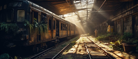 Old train in the train station. Vintage style toned picture. Realistic Post Apocalypse Landscape illustrationの素材