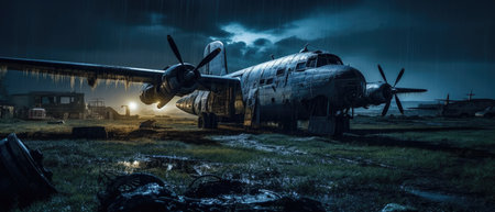 Abandoned airplane in the field at night. 3d rendering Realistic Post Apocalypse Landscapeの素材