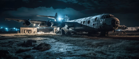Ruins of an old military airplane at night. 3d rendering, Realistic Post Apocalypse Landscapeの素材