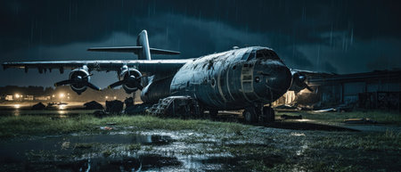 Abandoned military airplane in the night. 3d rendering. Realistic Post Apocalypse Landscapeの素材