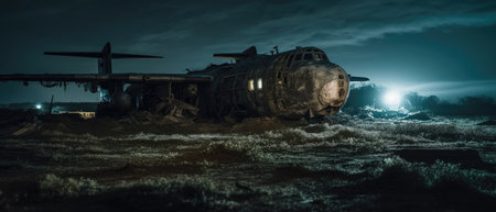 Abandoned military aircraft in ruins at night. 3d rendering, Realistic Post Apocalypse Landscapeの素材