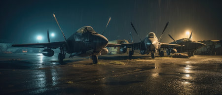 Abandoned military airplane in the night. 3d rendering. Realistic Post Apocalypse Landscapeの素材