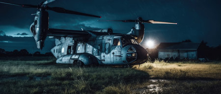 Abandoned military tiltrotor osprey in the field at night. Dramatic sky, Realistic Post Apocalypse Landscapeの素材