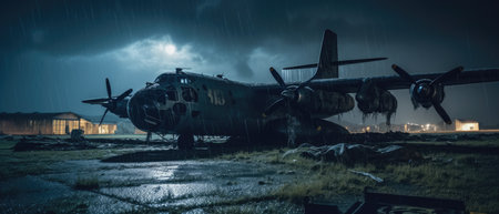 Abandoned military airplane in the night. 3D rendering. Realistic Post Apocalypse Landscapeの素材
