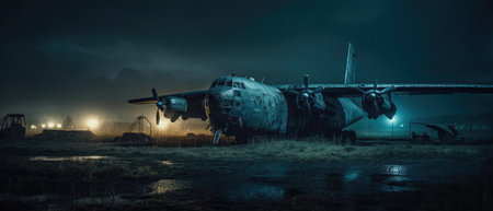 Abandoned military airplane in the night. 3d rendering. Realistic Post Apocalypse Landscapeの素材