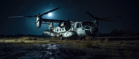 3d rendering of an old military tiltrotor osprey in the field at night, Realistic Post Apocalypse Landscapeの素材