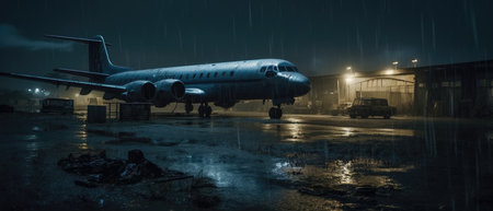 Abandoned airport at night. Airplane in the rain. Realistic Post Apocalypse Landscapeの素材