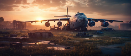 Abandoned airplane in the field at sunset. 3d rendering, Realistic Post Apocalypse Landscapeの素材