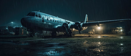 Abandoned airplane in the airport at night with heavy rain. Realistic Post Apocalypse Landscapeの素材