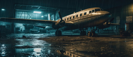 Airplane in an abandoned factory at night. selective focus. Realistic Post Apocalypse Landscapeの素材
