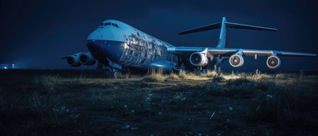 Abandoned airplane in the airport at night. 3d rendering eRealistic Post Apocalypse Landscapeの素材
