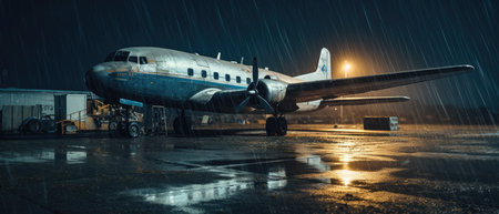 Abandoned airplane in the airport at night with rain. 3d rendering Realistic Post Apocalypse Landscapeの素材