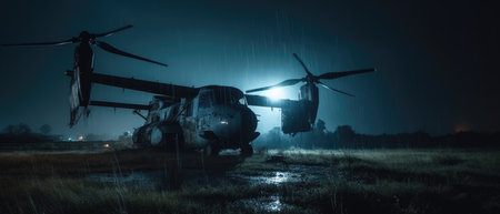 Abandoned military tiltrotor osprey in the field at night. Concept of war and death. Realistic Post Apocalypse Landscapeの素材