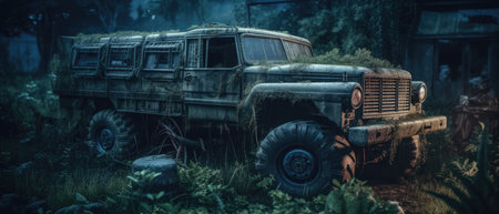 Vintage old truck in the forest. Halloween concept. 3d rendering, Realistic Post Apocalypse Landscapeの素材