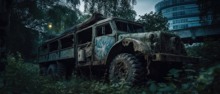 Abandoned military vehicle in the middle of the forest at night, Realistic Post Apocalypse Landscapeの素材