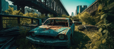 Abandoned car in the middle of the city with the bridge on the background, Realistic Post Apocalypse Landscapeの素材