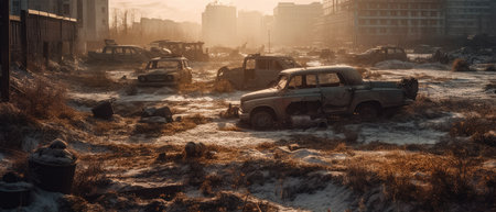 Abandoned cars on the street in the winter, Russia. Realistic Post Apocalypse Landscapeの素材