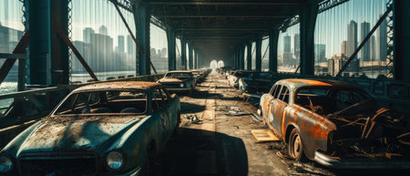 Abandoned cars in Brooklyn Bridge, New York City, USA, Realistic Post Apocalypse Landscapeの素材
