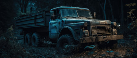 Old rusty truck in the forest. car in the forest. vintage car. Realistic Post Apocalypse Landscapeの素材