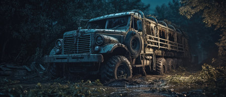 Old off-road car in the forest at night. 3d rendering, Realistic Post Apocalypse Landscapeの素材