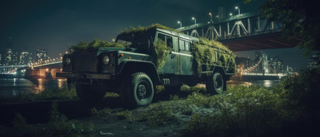 Military vehicle on the bank of the river at night, panorama, Realistic Post Apocalypse Landscapeの素材