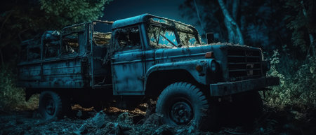 Off-road vehicle in the forest at night, 3d render, Realistic Post Apocalypse Landscapeの素材