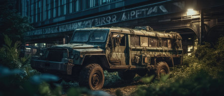 Abandoned military jeep parked in the street at night. Realistic Post Apocalypse Landscapeの素材