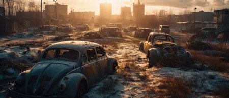 Abandoned cars on the background of the city. Abandoned cars. Realistic Post Apocalypse Landscapeの素材