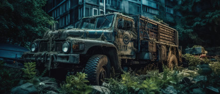 Old rusty military jeep in the forest. Concept of war in Ukraine. Realistic Post Apocalypse Landscapeの素材