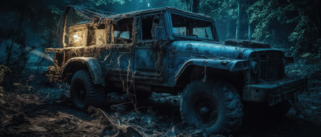 Old rusty offroad car in the middle of the forest at night, Realistic Post Apocalypse Landscapeの素材