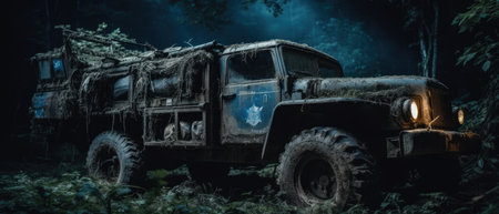 Off-road vehicle in the forest at night time. 3D rendering Realistic Post Apocalypse Landscapeの素材
