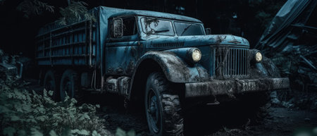 Old car in the forest at night. 3D rendering. Realistic Post Apocalypse Landscapeの素材