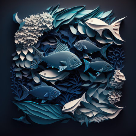 underwater world. marine life. underwater world. Vector illustration, layered paper art illustration.の素材