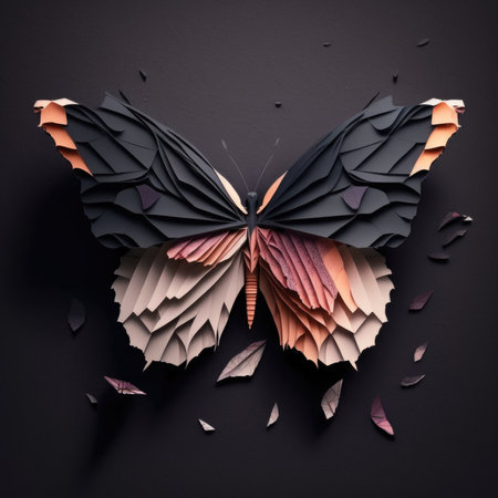 Paper cut butterfly isolated on black background. Origami paper art, layered paper art illustration.の素材