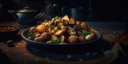 Fried potatoes with mushrooms and nuts on a plate. Dark background, professional food photo.の素材