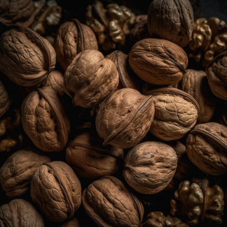 Walnut kernels and whole walnuts on a dark background. toned. pattern backgroundの素材