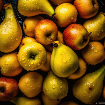 Fresh ripe pears and apples with water drops on a black background. pattern backgroundの素材