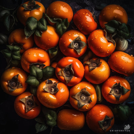 Ripe persimmon fruit on dark background. top view. pattern backgroundの素材