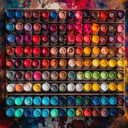 Colorful watercolor paints in a wooden box on a grunge background, colorfull rainbow palette background patternの素材