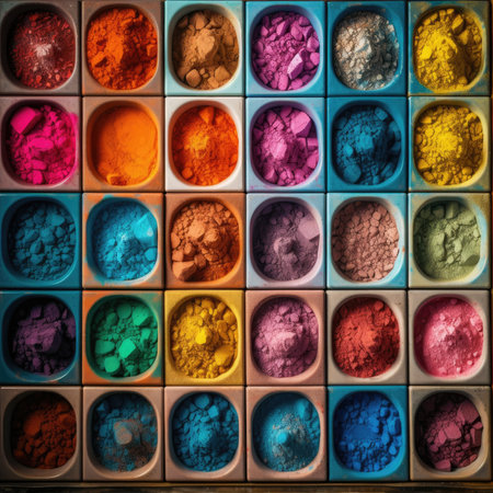 Colorful holi powder in a box. selective focus. Toned, colorfull rainbow palette background patternの素材