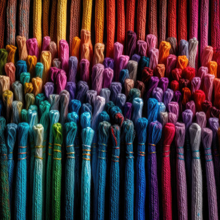 Colorful threads for embroidery on a black background. Toned, colorfull rainbow palette background patternの素材